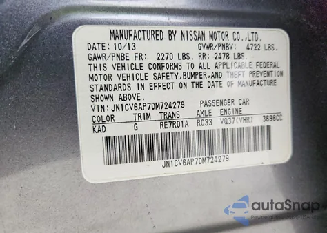 2013 Infiniti G37 Base z USA, uszkodzony, nr VIN JN1CV6AP7DM724279